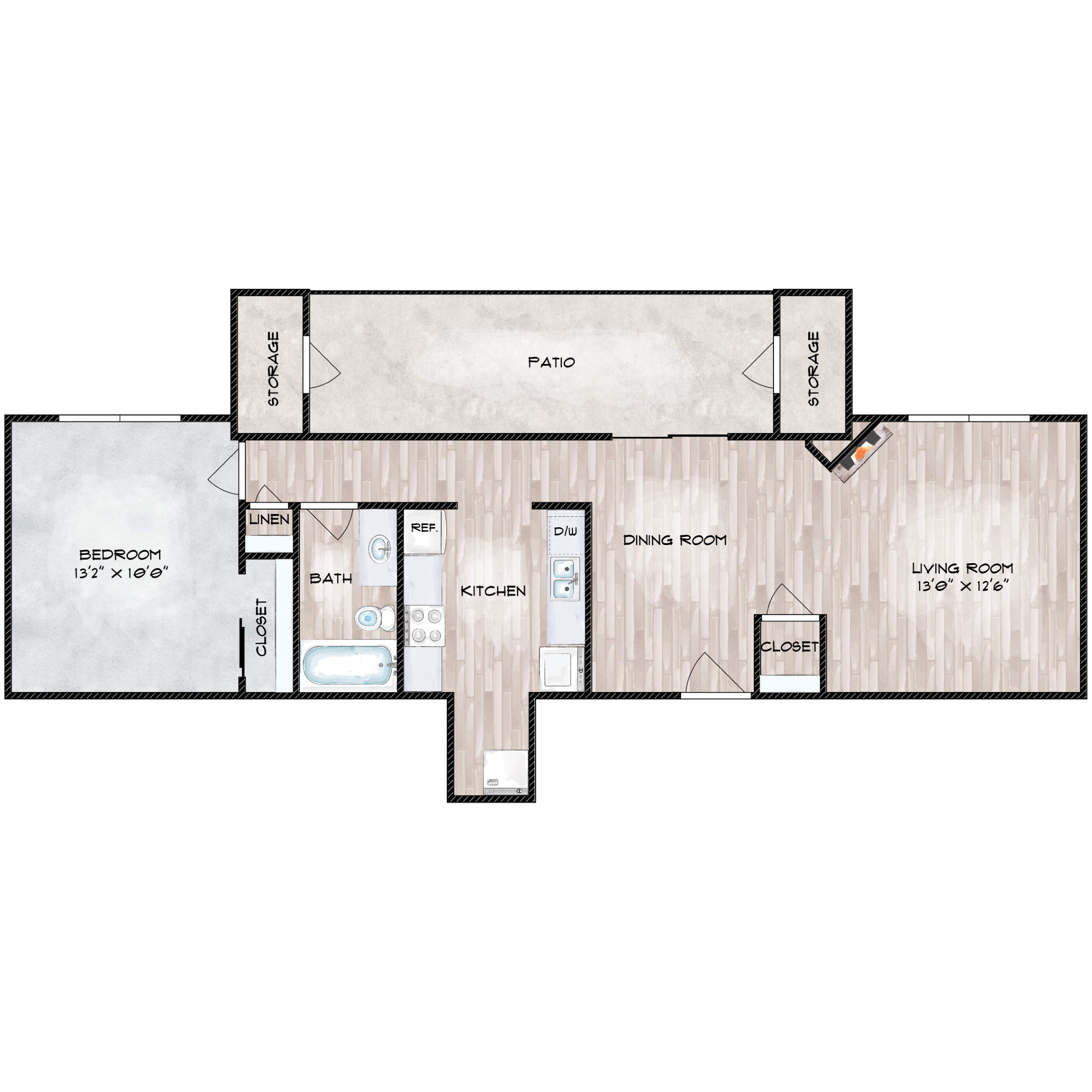 Floor plan for 1 bed, 1 bath, 950 sqft